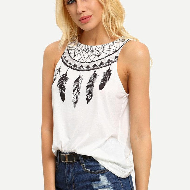 Women Casual Feather Print  Style Sleeveless T Shirt Women O Neck Tops Female Tee Shirt Femme camisetas mujer #25 BL