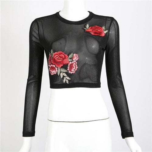 Women Embroidery Blouse   Long Sleeve Transparent Floral Sexy Perspective Tops Women Clothing chemise femme #23 BL
