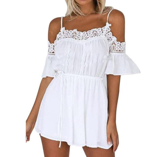 Women  Off Shoulder Lace Splice Beachwear White Playsuits Women Casual Jumpsuits And Rompers Women monos cortos #421 BL