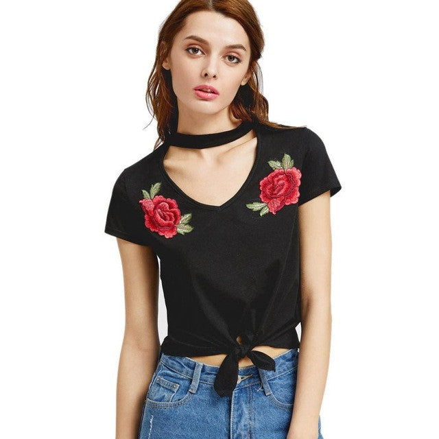 Women  Plus Size Tee Tops Embroidery Flower Short Sleeve Bandage Top Short Sleeve T-Shirt Women Poleras De Mujer #416 BL