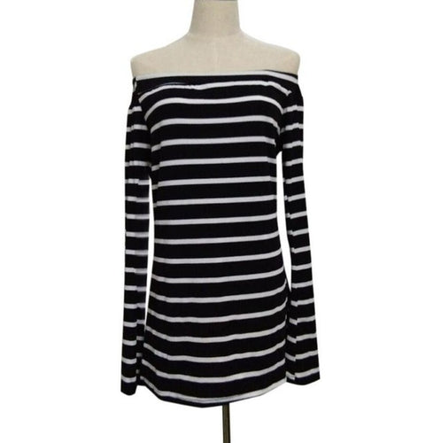 Women  T Shirt Black White Striped Off Shoulder Long Sleeve Casual Tee Tops T Shirt Female camisetas mujer verano #23 BL
