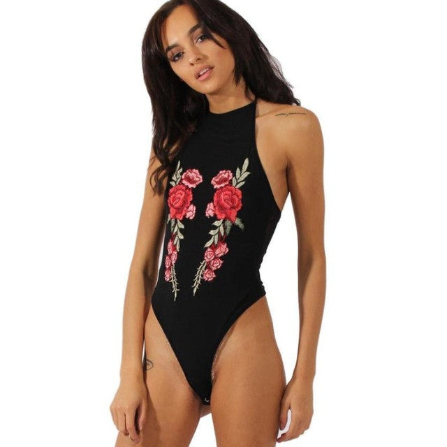 Womens Bodysuit Sexy Halter Neck Embroidery Flower Rompers Women One Piece Suit Bodycon Jumpsuits Combinaison Femme #23 BL