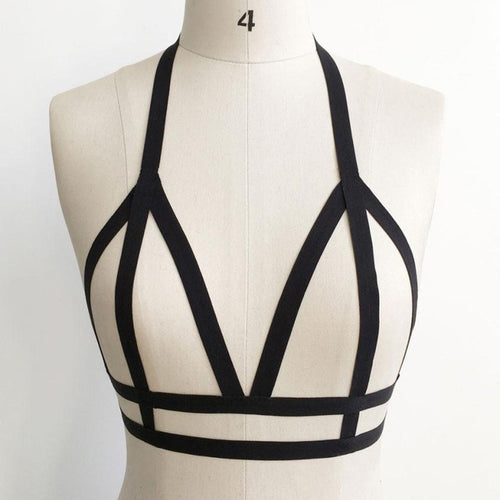 Sexy Hollow Out Elastic Bra Crop Top Gothic Harajuku Bandage Bra bra, sexy Strappy Bra Black#23 BL