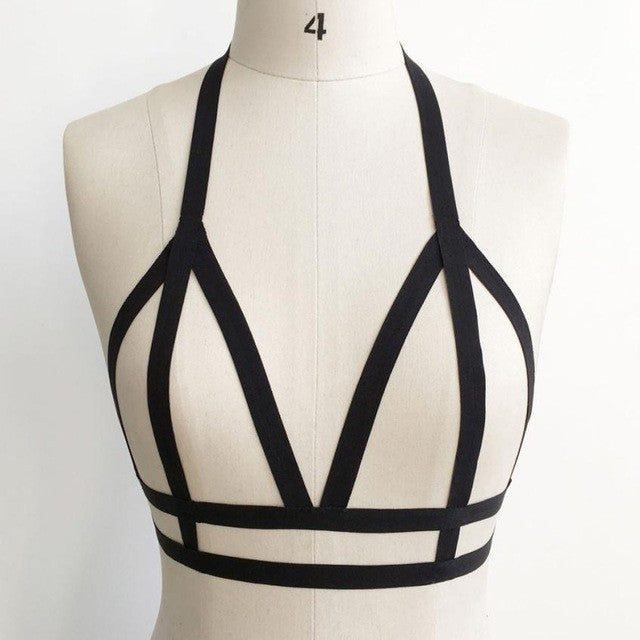 Sexy Hollow Out Elastic Bra Crop Top Gothic Harajuku Bandage Bra bra, sexy Strappy Bra Black#23 BL