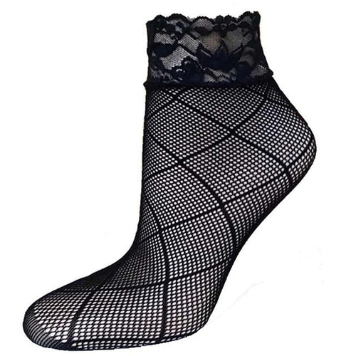 21Colors  Transparent Fishnet Socks Women Lace Nylon Hollow Out Ankle Length Short Socks Ladies Calcetines De Mujer #03 BL