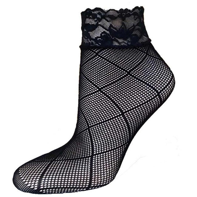 21Colors  Transparent Fishnet Socks Women Lace Nylon Hollow Out Ankle Length Short Socks Ladies Calcetines De Mujer #03 BL