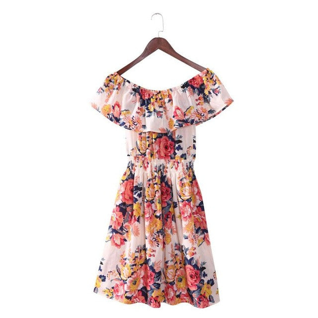 5 Colors  Women Off Shoulder Dress Floral PrintGirls Womens Dresess Boat Neck Strapless Cute Dress Female Vestidos BL