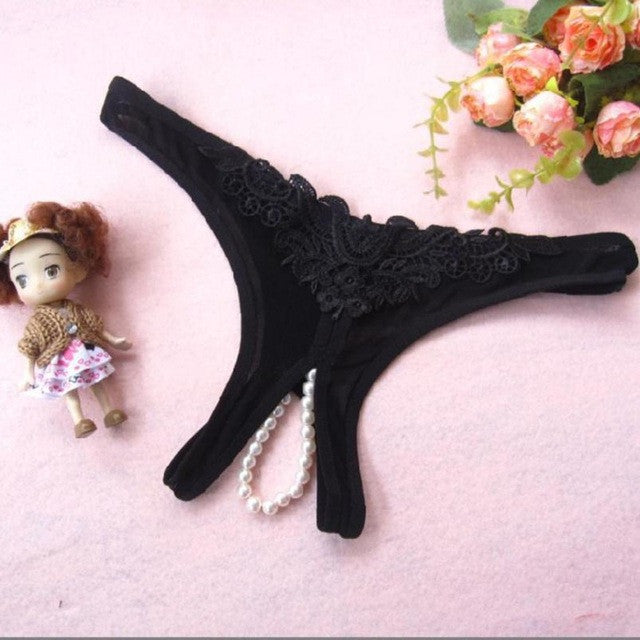 7Colors Sexy Women Pearl G-String And Thongs Solid Low Waist Open Crotch Underwear Women bragas mujer   #425 BL