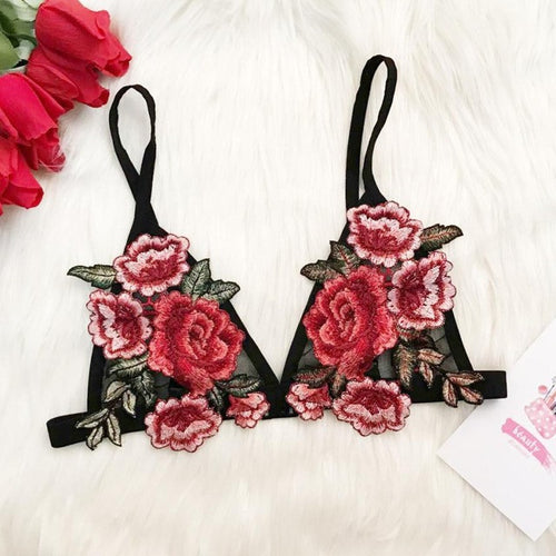 Appliques Embroidery Floral Tank Tops Women  Sexy Unpadded Strap Lace Sheer Cropped Bralette Triangle Bustier Crop Top #63 BL