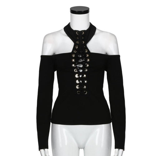 Sexy T-shirt Women Bandage Tshirt Strap Black Turtleneck Off Shoulder Slim Tee Top Femme  BL