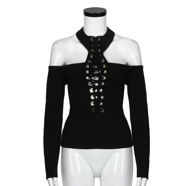 Sexy T-shirt Women Bandage Tshirt Strap Black Turtleneck Off Shoulder Slim Tee Top Femme  BL