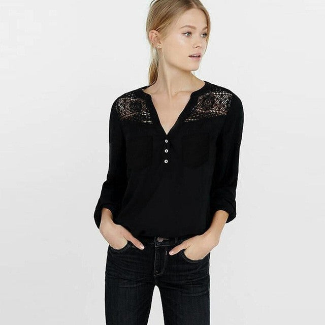 Shirts  Women Chiffon Lace Hollow Out Long Sleeve V-neck  Casual Tops Female Blouses Womens Blousa BL