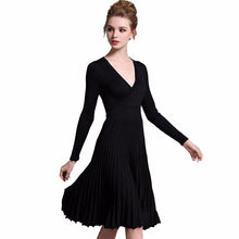 Elegant Women A-line Deep V Neck Pleated Evening Party Dress Vintage Long Sleeve Ladies Dresses Red vestidos BL