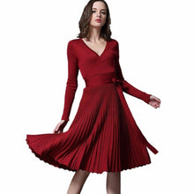 Elegant Women A-line Deep V Neck Pleated Evening Party Dress Vintage Long Sleeve Ladies Dresses Red vestidos BL