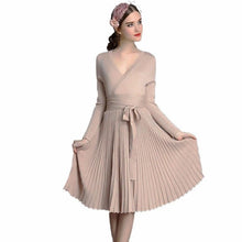 Elegant Women A-line Deep V Neck Pleated Evening Party Dress Vintage Long Sleeve Ladies Dresses Red vestidos BL