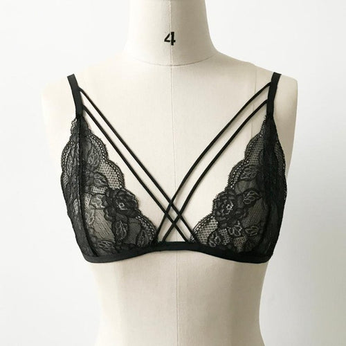 Bandage Cross Sexy Women Floral Lace Bralette Crop Top Sheer Triangle Black Bustier Sleeveless Tank Top For Women ladies #63 BL