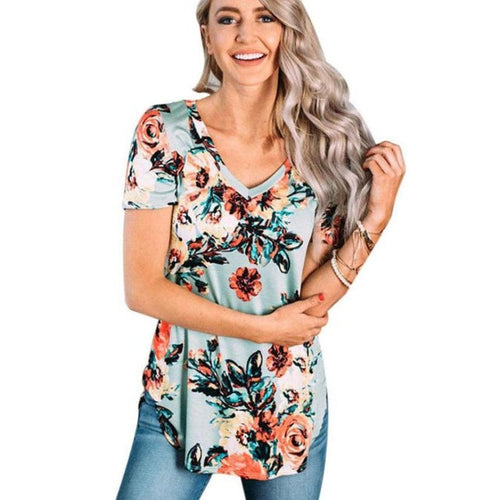 Basic T Shirt Women Short Sleeve Womens Tops   Flower Print Tee Shirt Women T-Shirts Cotton  Tshirt #425 BL