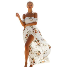 Beach Strapless Boho Dress Women   Off Shoulder Ladies Floral Printed Irregular Splite Short Sleeve Long Dress Female #63 BL