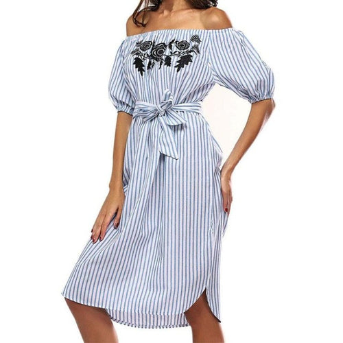 Blue Whit Striped  Shirts Dress Women  Off shoulder Mid Dress Short Sleeve Slash Neck Casual Dress vestidos mujer #23 BL