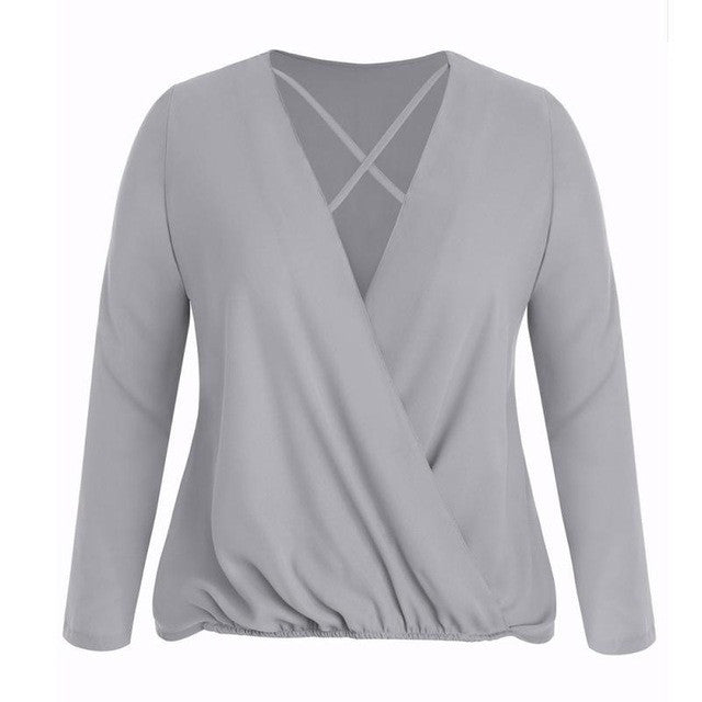 Blusas Femininos   Chiffon Solide Cross Deep V Neck Shrts Women Blouses Shirt Long Sleeve Tops Women Clothing #23 BL