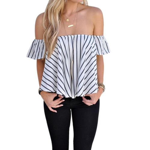 Blusen Women   Striped Sexy Off Shoulder Tops Ruffles Sleeve  Women Blouses Slash Neck Shirts Chemisier Femme BL