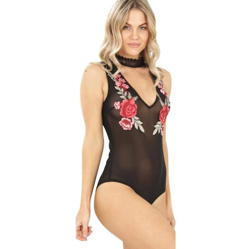 Bodysuits Women   Appliques Rose Floral Bodycon Mesh Lace Bodysuit Short Jumpsuit Leotard Tops combinaison femmes #63 BL
