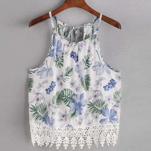 Boho Floral Print   Women Tank Tops Sexy Spaghetti Strap Lace Crochet Vest Casual Beach Tops Camisole Female #418 BL