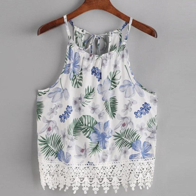 Boho Floral Print   Women Tank Tops Sexy Spaghetti Strap Lace Crochet Vest Casual Beach Tops Camisole Female #418 BL