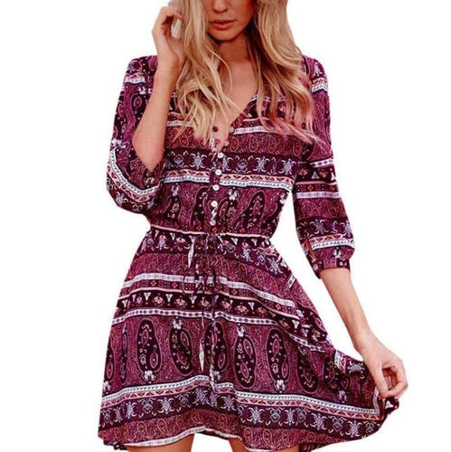 Boho Floral Print Deep V Neck Dresses Women Half Sleeve Short Mini Dress Ladies Beach Dress vestido de verano #420 BL