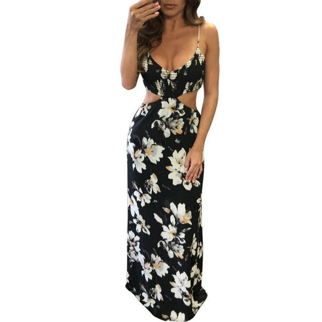 Boho Floral print chiffon maxi dresses Lady Sling Strapless Hollow Out Backless Beach  Sexy Women Long Dress Vestidos #63 BL