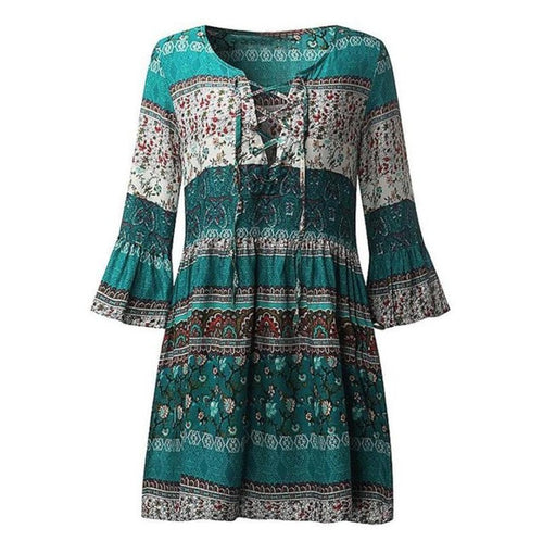 Boho Style   Women Floral Print Three Quarter Short Mini Dress Ladies Beach V Neck Bandage Vintage Dress Women #419 BL