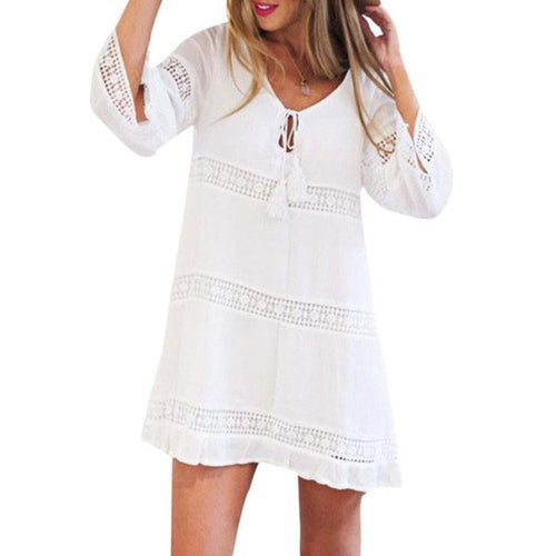 Boho Style Loose Women's Dresses   Three Quarter Sleeve Lace Beach Short Mini Dress Women Vestidos #23 BL