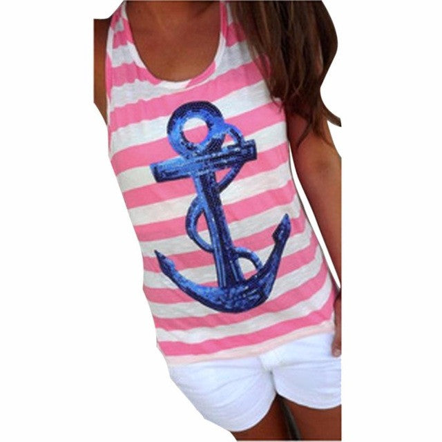 Camisas Femininas  Sequin Anchor Women Stripe Tops Sleeveless TShirt Women Tee Shirt Femme BL