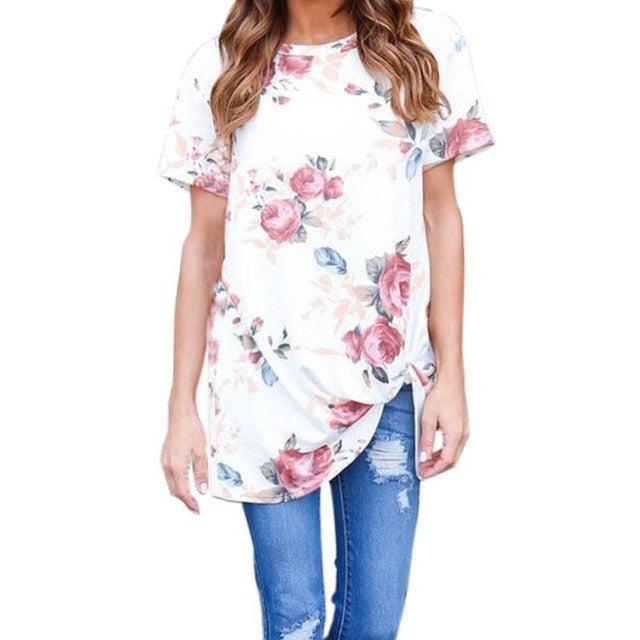 Camiseta Mujer T-Shirt Women   Women O-Neck Short Sleeve Flowers Printed Casual Tops Lady T Shirt poleras mujer #425 BL
