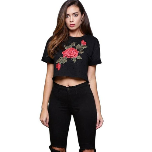 Camiseta Mujer Tops Women   Women Hipster Short Sleeve Cotton Embroidery Flower Tshirts Women Tee T Shirt Femme #417 BL