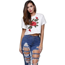 Camiseta Mujer Tops Women   Women Hipster Short Sleeve Cotton Embroidery Flower Tshirts Women Tee T Shirt Femme #417 BL