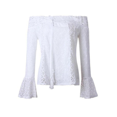 Camisetas Mujer Verano  Women Off Shoulder Long Sleeve Lace Loose Tops T-Shirt Women  Tee Tops Ladies White #417 BL