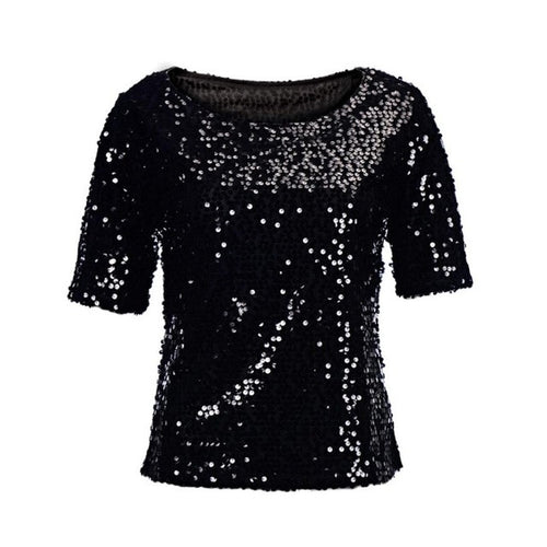 Camisetas mujer   Style Womens Sequins Sparkle Glitter Short Sleeve Tops Blouses Women Ladies Top Women Clothing #23 BL