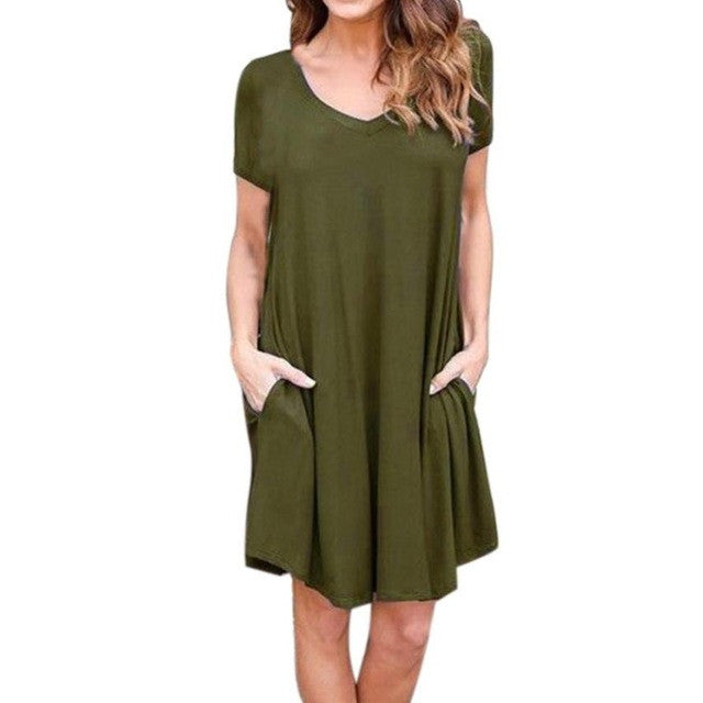 Casual Loose Pocket Dress Women  Ladies Pullover Short Sleeve O-Neck Short Mini T Shirt Dress vestidos verano  #418 BL