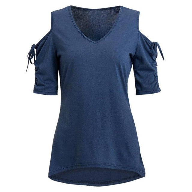 Cold Shoulder T-shirt Women   T shirt 4 Colors Short Sleeve O Neck Woman Tee Shirt Female camisetas mujer verano #23 BL