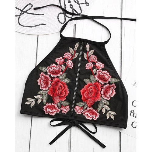 Crop Tops Women    Embroidery Flower Womans Short Halter Neck Bandage Low Cut Tanks Top Women #23 BL