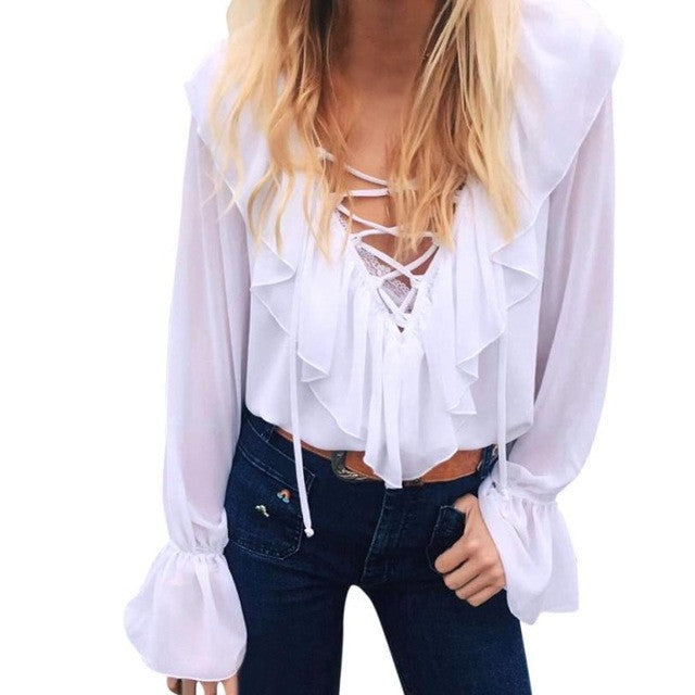 Deep V Neck Chiffon Blouses Women  Elegant Bandage Flare Long Sleeve Tops Solid Casual Women Clothing Camisetas Mujer #23 BL