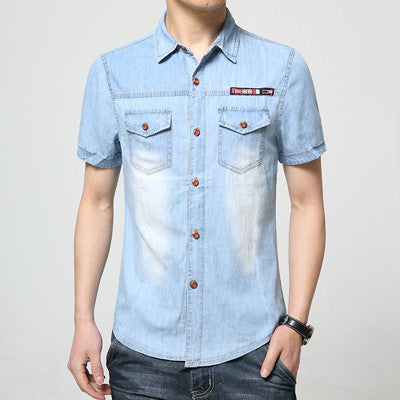 Denim Shirts Men Blue Shirts Short Sleeved Men Designers Men Casual Cotton Shirts BL