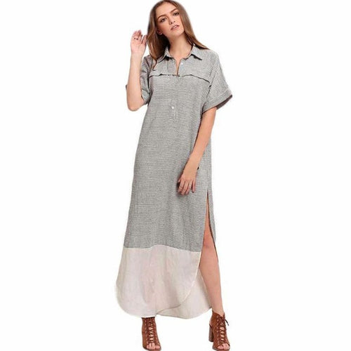 EuropeanTrendy   Dresses Women Long Short Sleeveless Stripe Splice Lapel Ladies Beach Sundress Shirt Dress Female BL