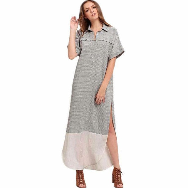 EuropeanTrendy   Dresses Women Long Short Sleeveless Stripe Splice Lapel Ladies Beach Sundress Shirt Dress Female BL