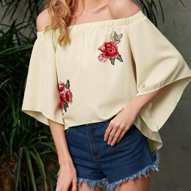 Tops Women  Off Shoulder Foral Embroidery Womens Blouses Half Sleeve Loose Cold Shoulder Tops Ladies #23 BL