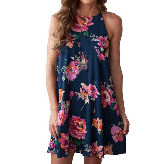 Floral Print Dress Women Mini Dress Boho Style O Neck Casual Bohemian Beach Dresses Ladies Robe Femme Women Clothing #43 BL