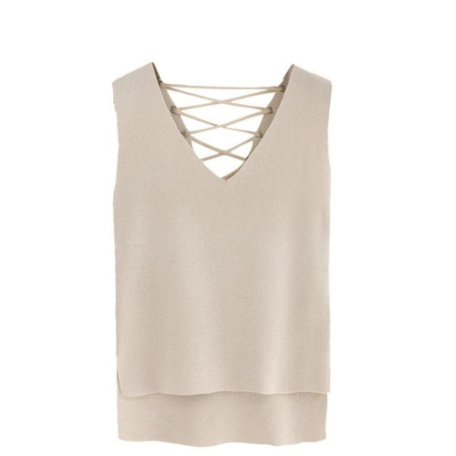 Knitted  Tanks Tops Women Irregualr Sleeveless Bandage V Neck Vest Tops Casual Tank Tops  Solid  #63 BL