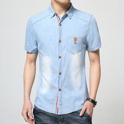Men Denim Shirts Men Casual Cotton Shirts Slim Fits Short Sleeves Shirts Men Blue Shirts BL