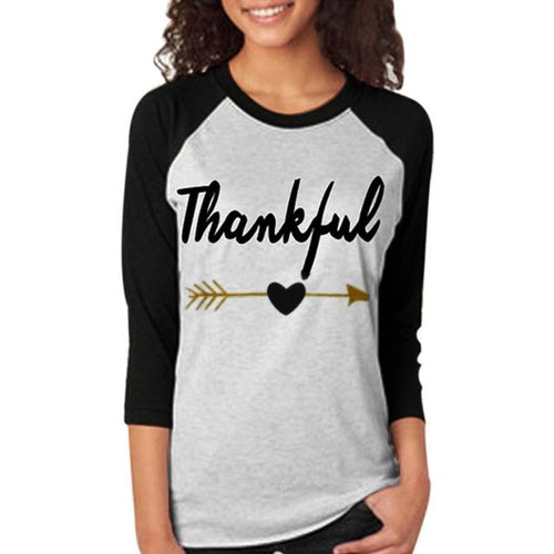 T-Shirts Women  Thankful Letter Printed Three Quarter Sleeve Women T shirt  Splicing Tee Shirt Femme BL